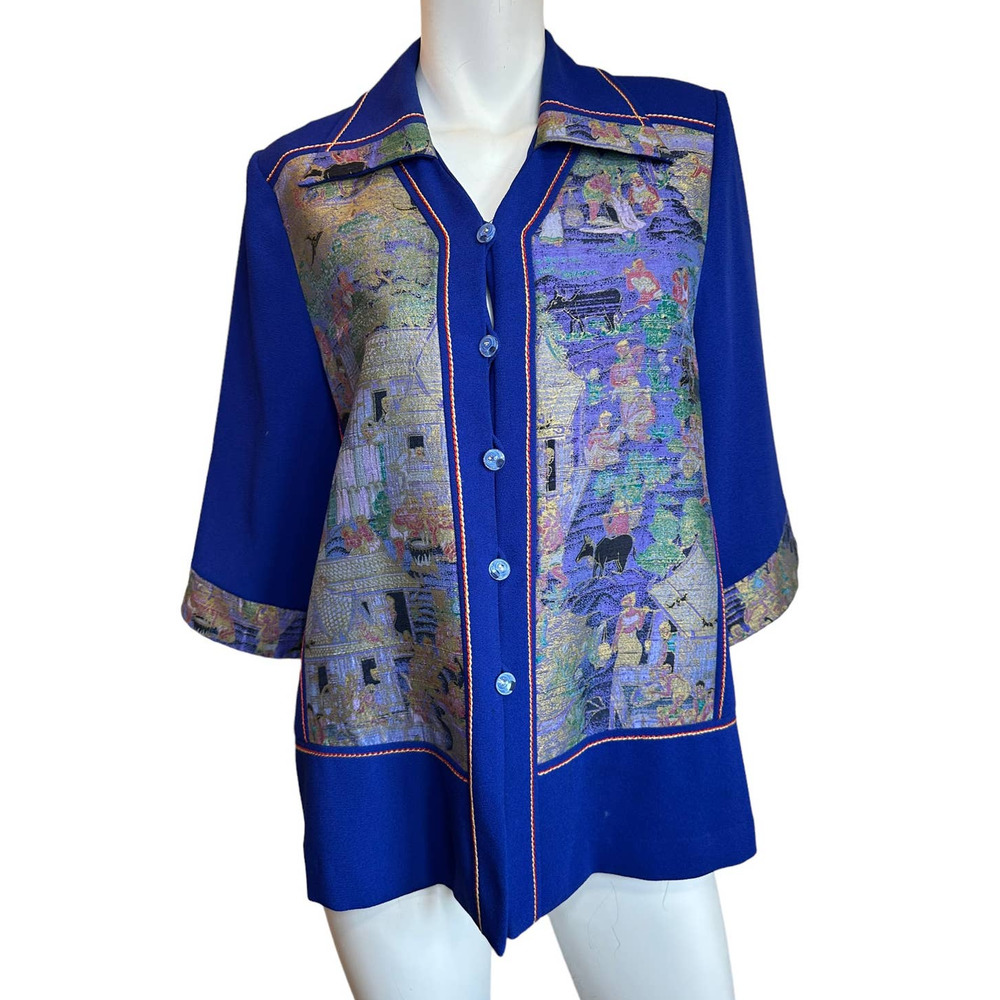 Vintage Asian Tapestry Royal Blue Button Down Crepe Jacket 3/4 Sleeves sz XL